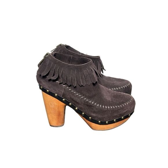 FLOGG NWOT Davina Brown Suede Fringe Wooden Platform Heels size 8.5 - Picture 1 of 5
